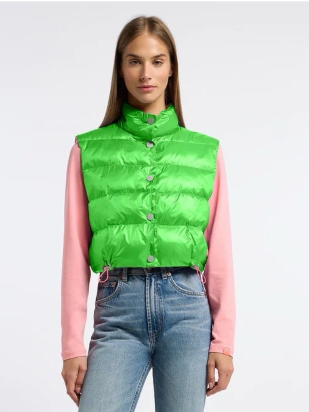 Frieda and Freddies MADDY Reversible Cropped Quilted Vest in Green and Ivory